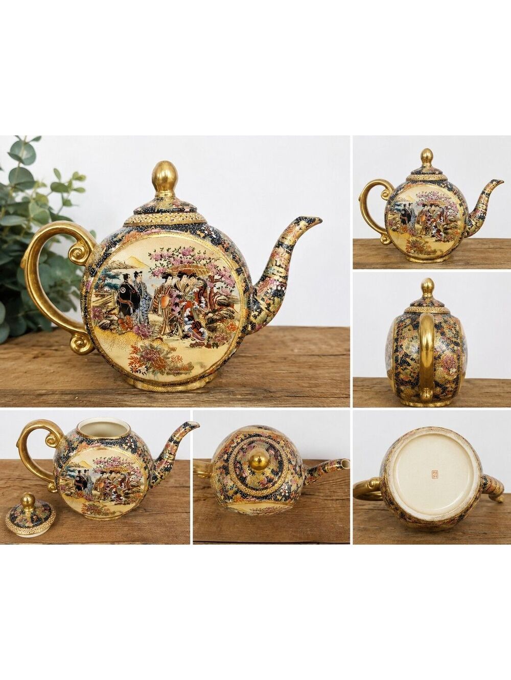 Vtg Moriage Satsuma Style Teapot Hand-Painted Porcelain Enamel with Gilt Detail